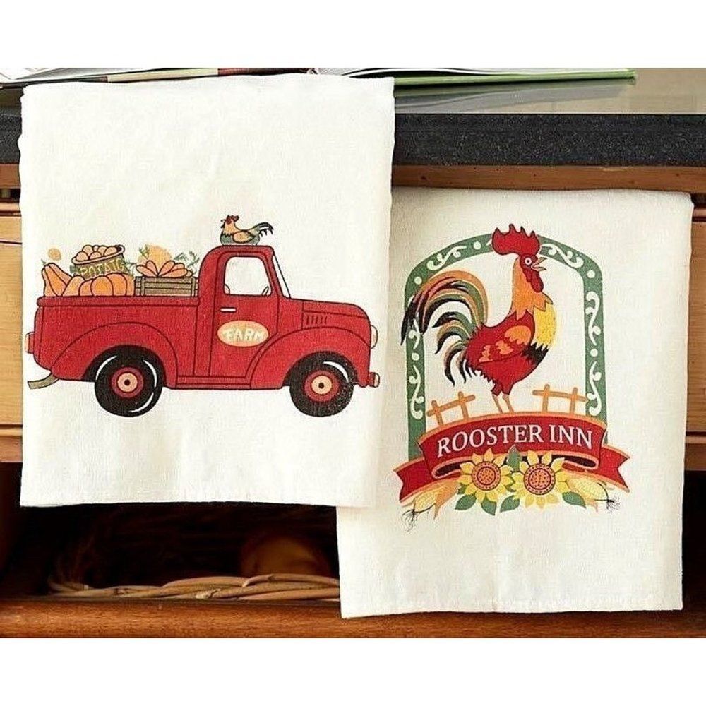 Farm Fresh Kitchen Towels Red Produce Truck Pumpkin Sunflower Rooster Inn 2-Pc